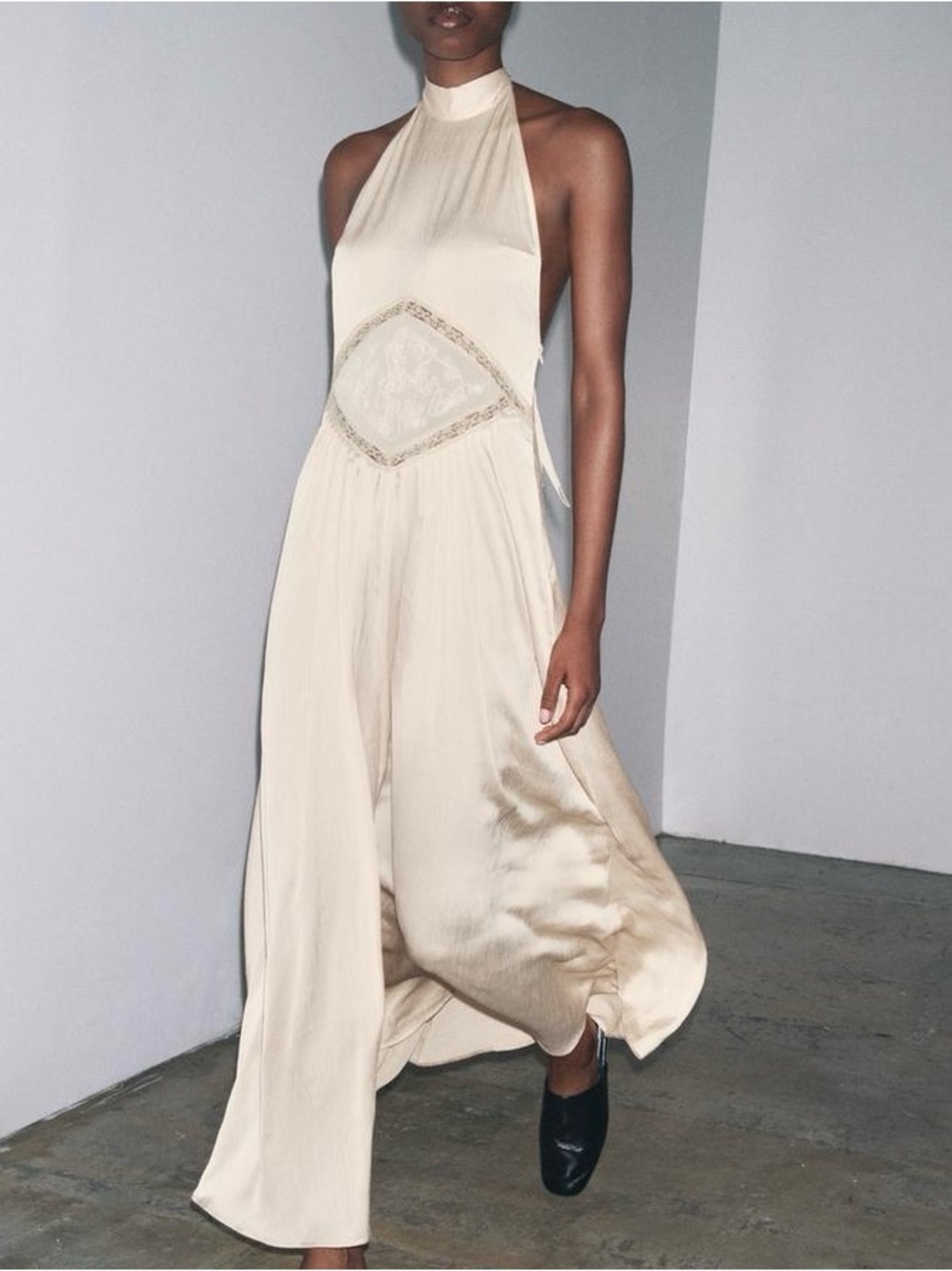 Zara Satin Lace Beaded Embroidery Rhombus Detail Halter Dress Ruched Waist Med